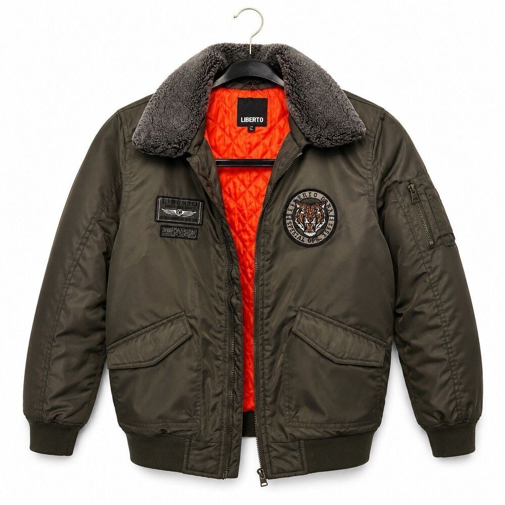 Kids Bomber Jacket Size 12 Olive Faux Sherpa Collar Military Style By Liberto